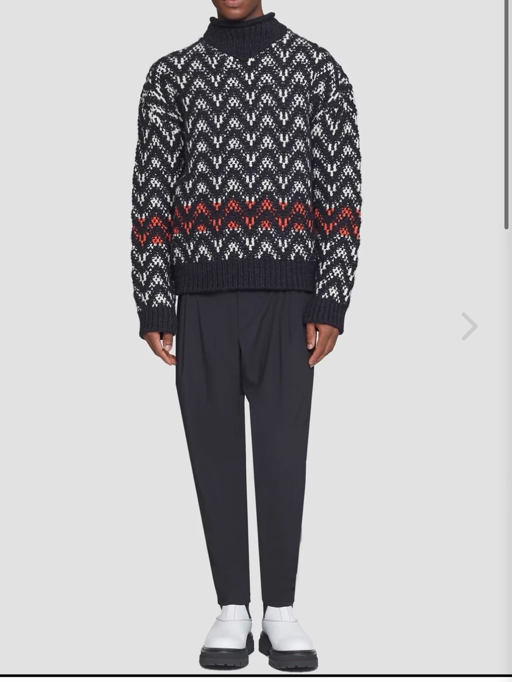 Chevron Jacquard Pullover Sweater - Black/White with Red Accent